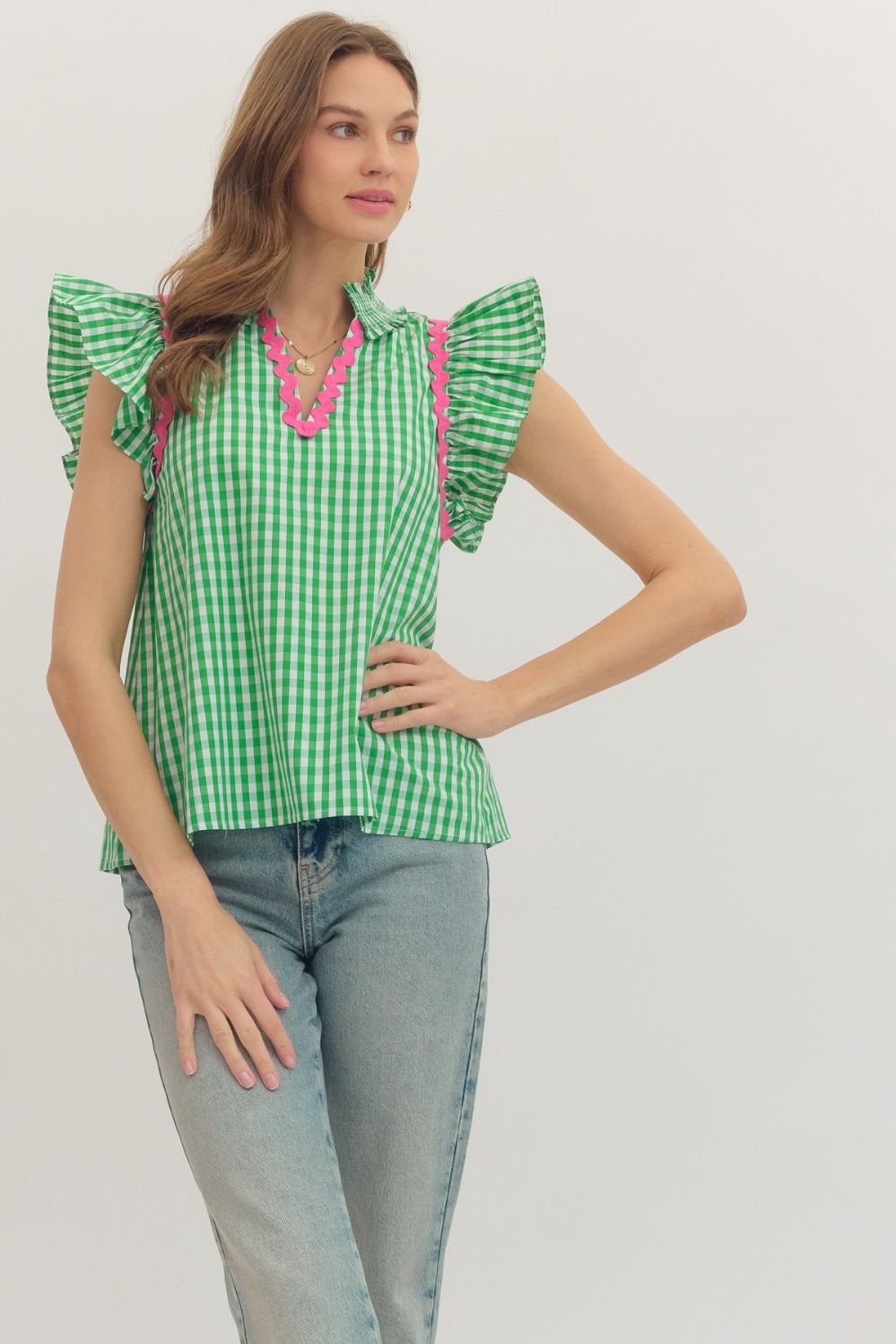 Checkered Flutter Sleeve Top
