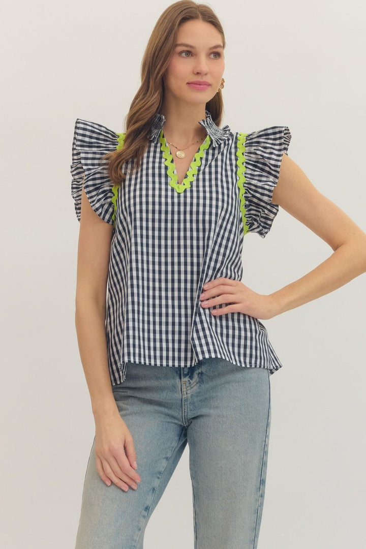 Navy Gingham Flutter Top