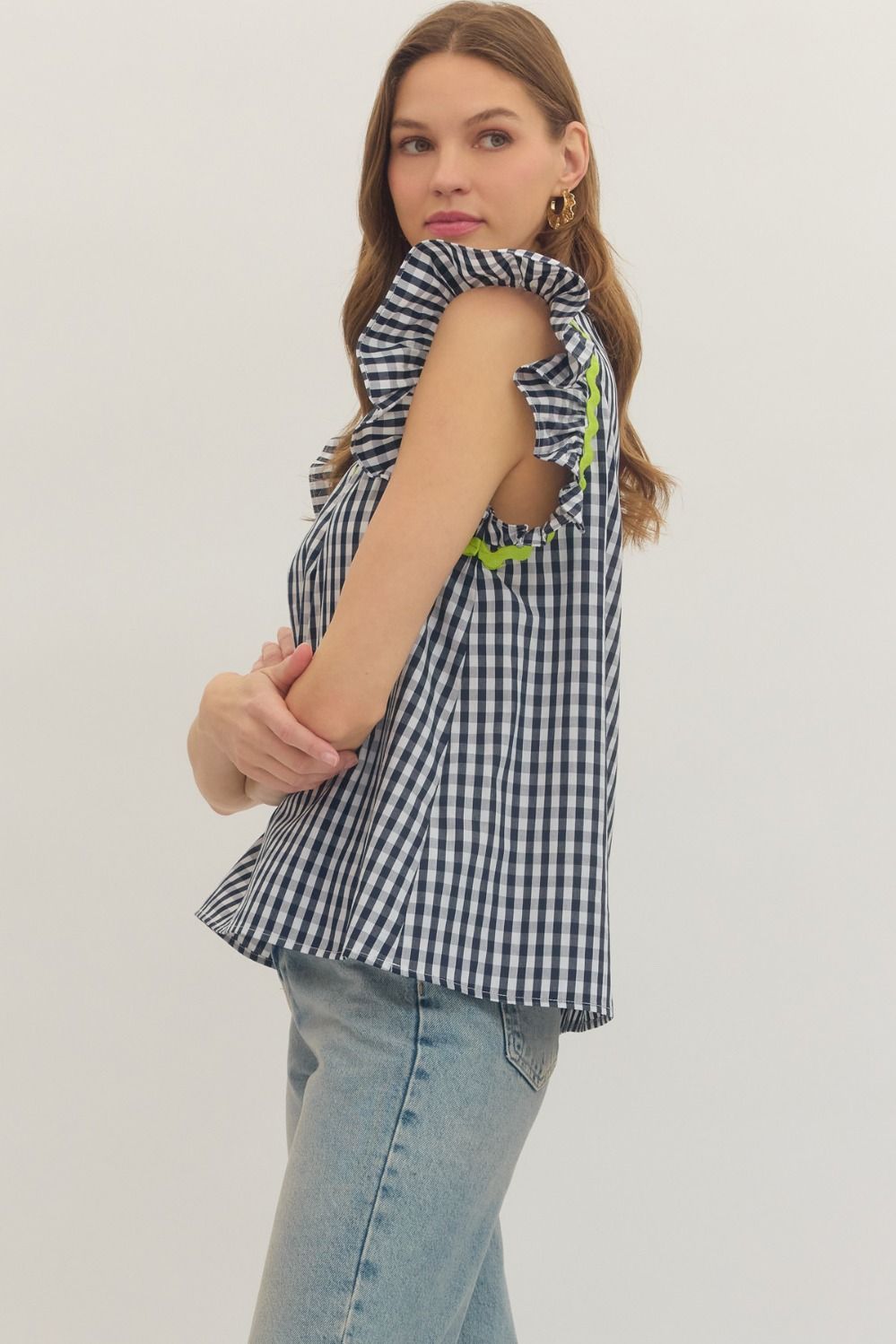 Navy Gingham Flutter Top