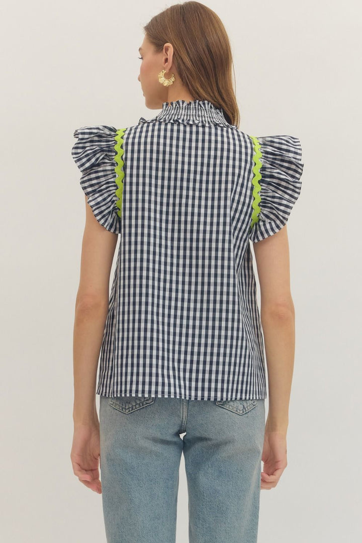 Navy Gingham Flutter Top