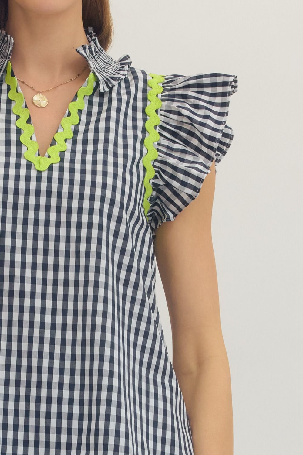 Navy Gingham Flutter Top