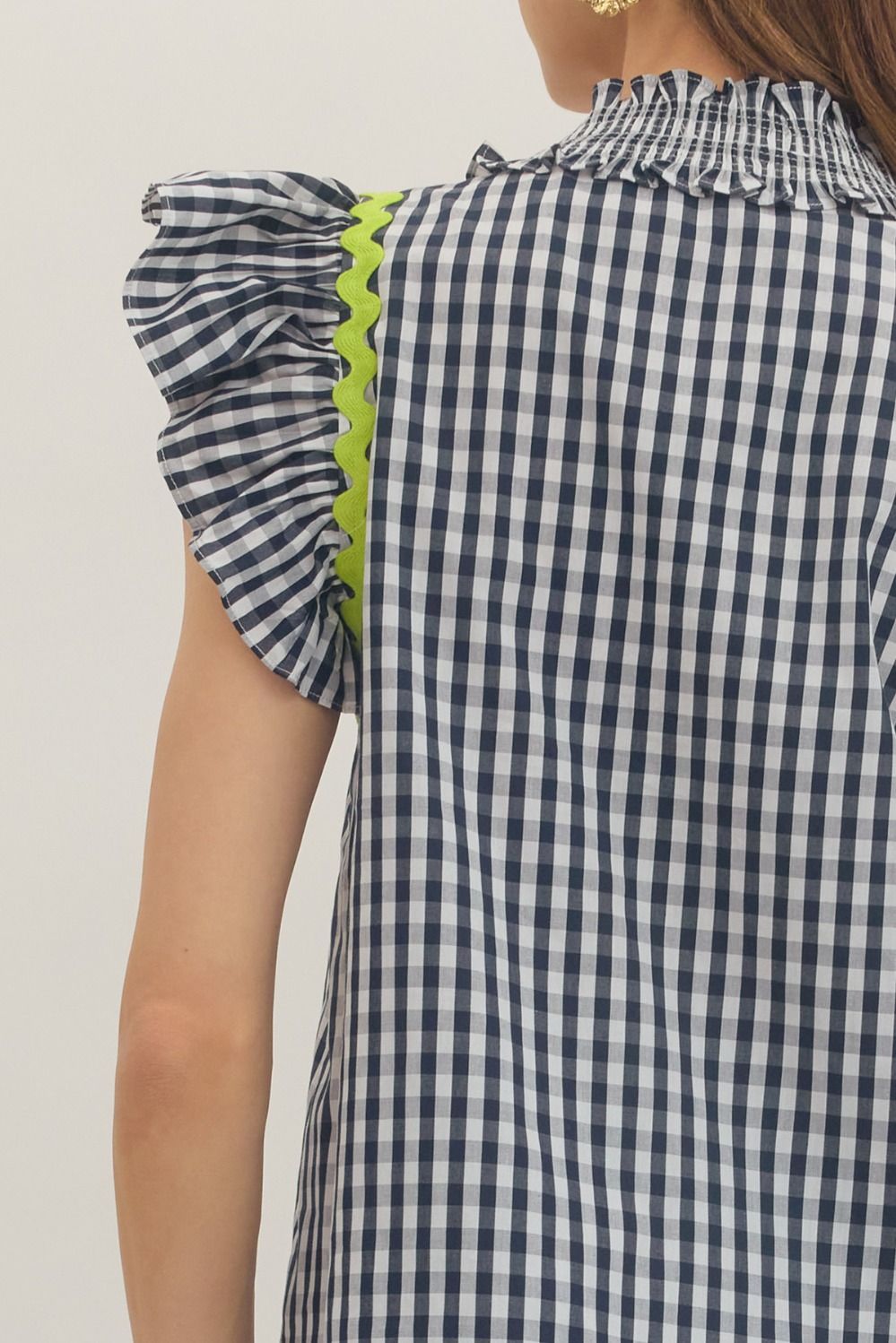 Navy Gingham Flutter Top
