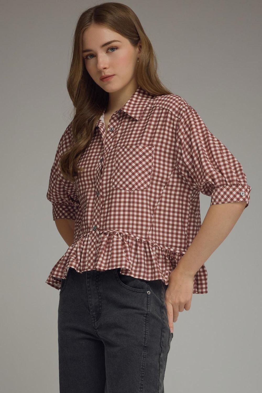 Ruffle Hem Gingam Top