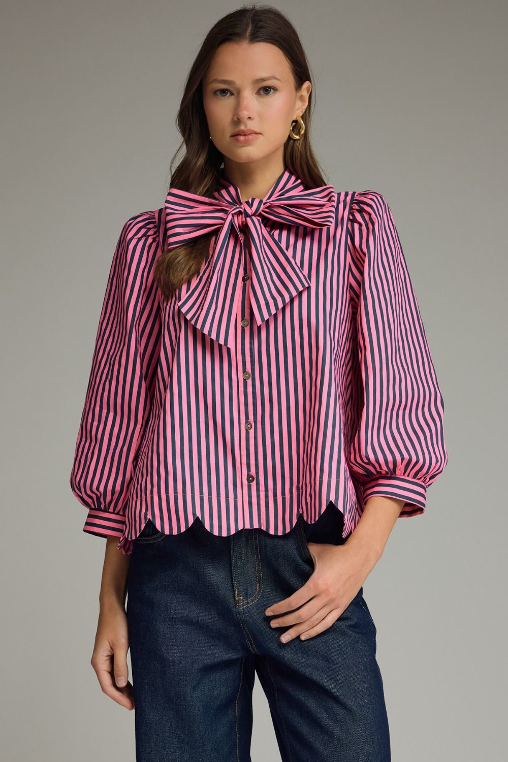 Striped Tie Neck and Scallop Hem Top