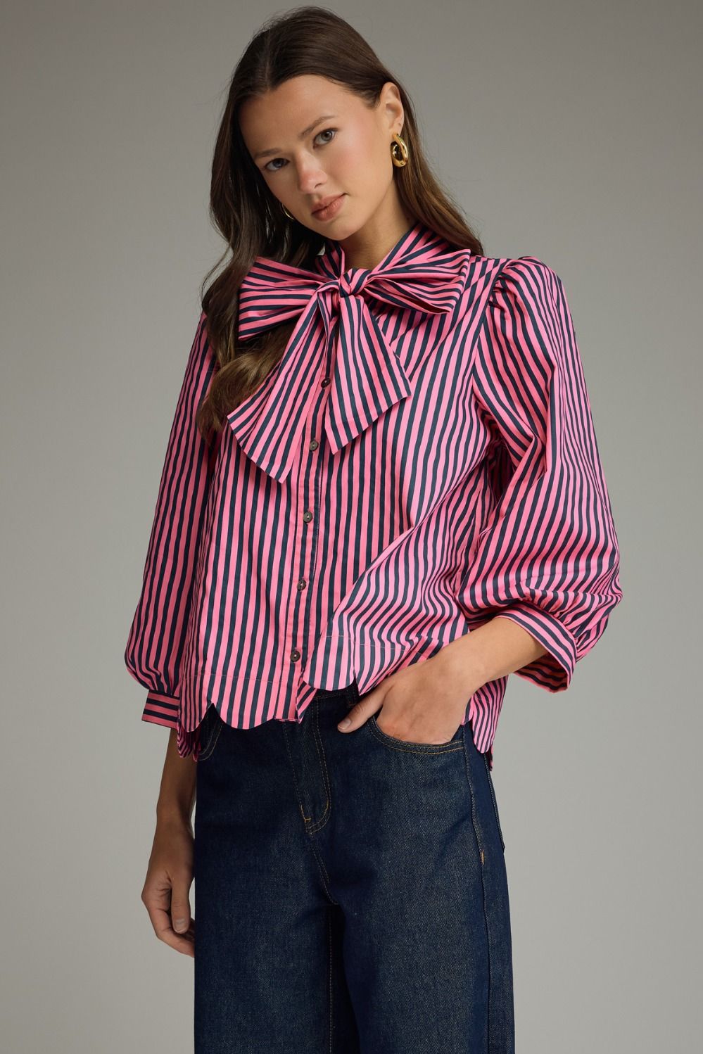 Striped Tie Neck and Scallop Hem Top