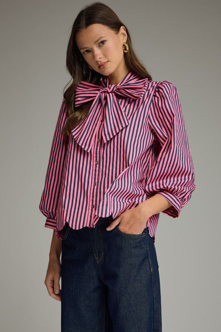 Striped Tie Neck and Scallop Hem Top