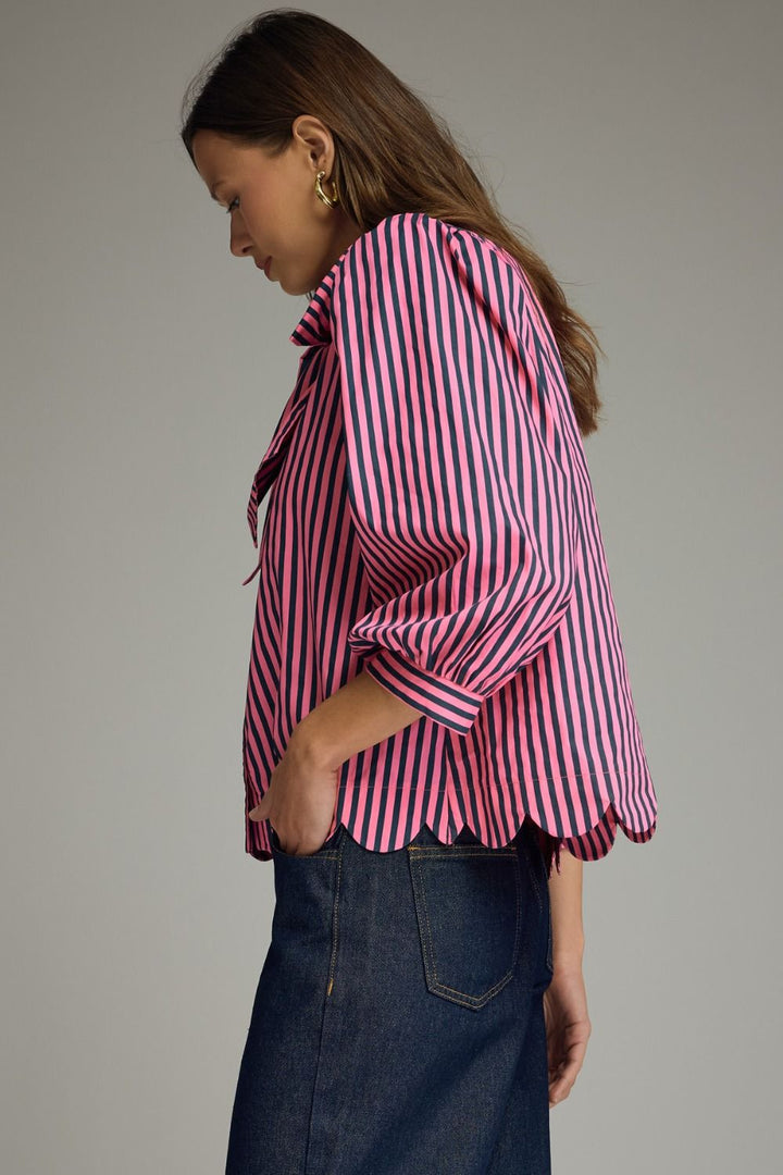 Striped Tie Neck and Scallop Hem Top