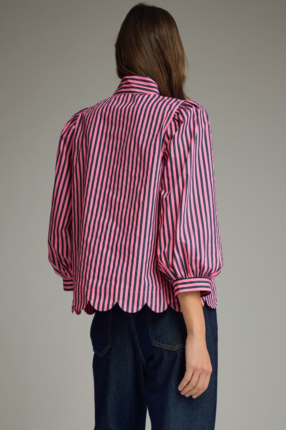 Striped Tie Neck and Scallop Hem Top