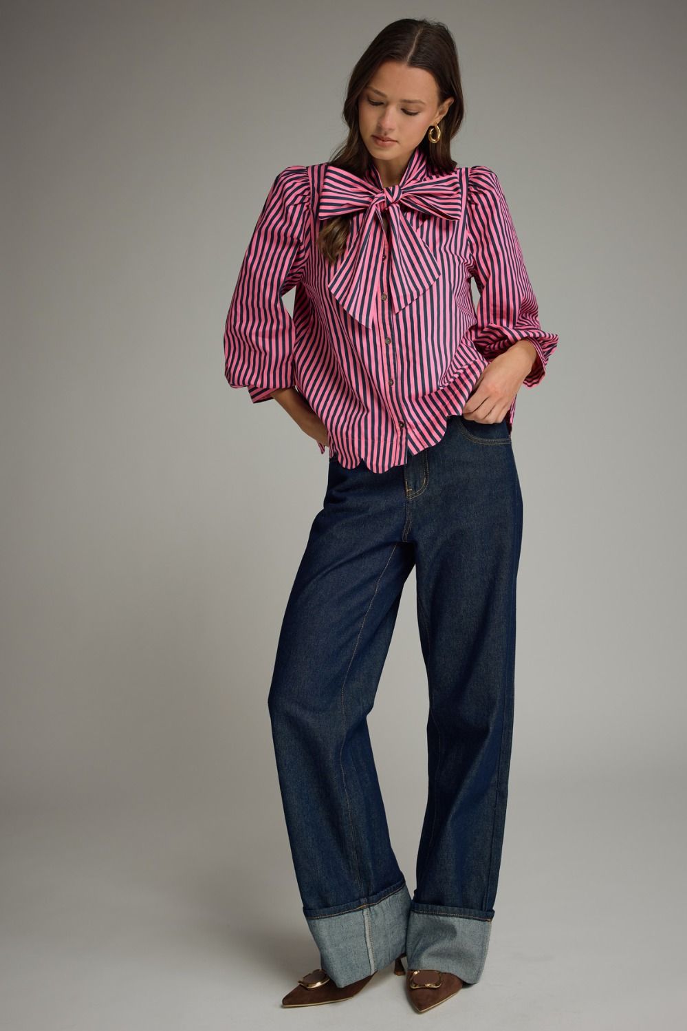 Striped Tie Neck and Scallop Hem Top
