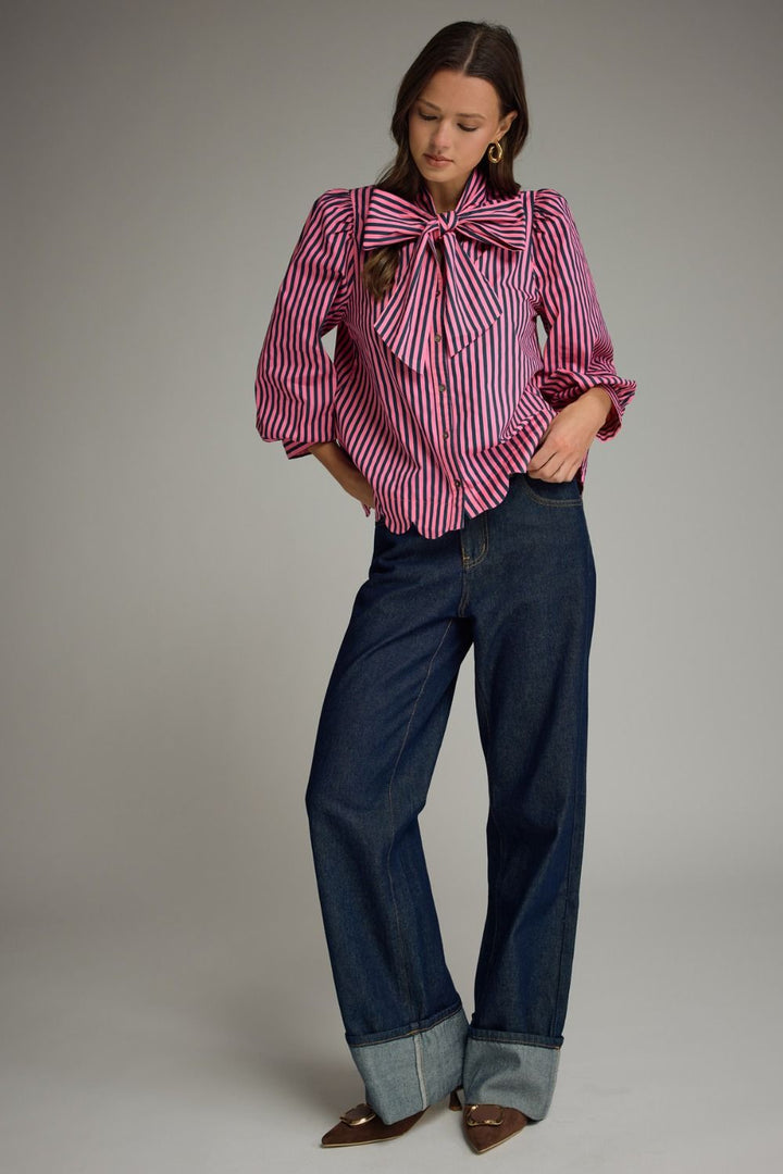 Striped Tie Neck and Scallop Hem Top