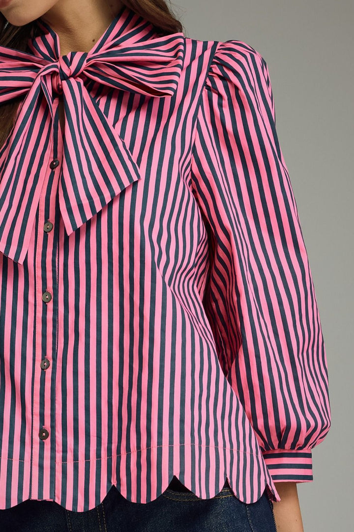 Striped Tie Neck and Scallop Hem Top