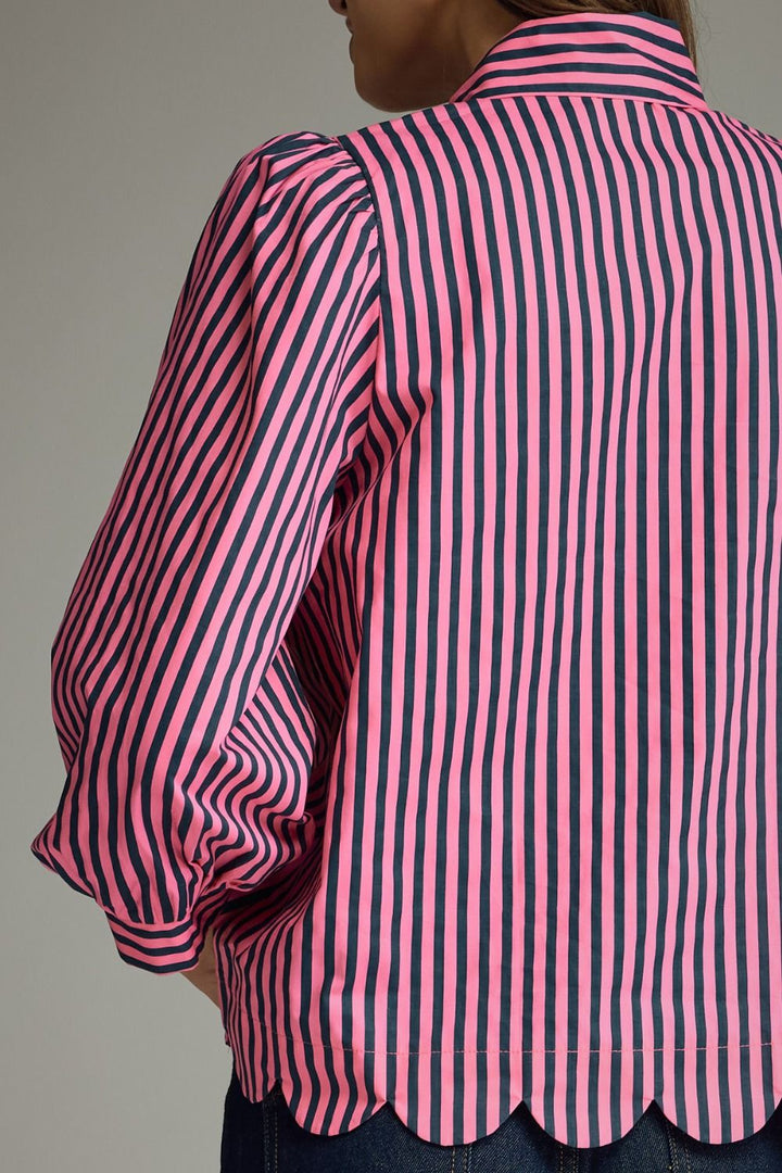 Striped Tie Neck and Scallop Hem Top