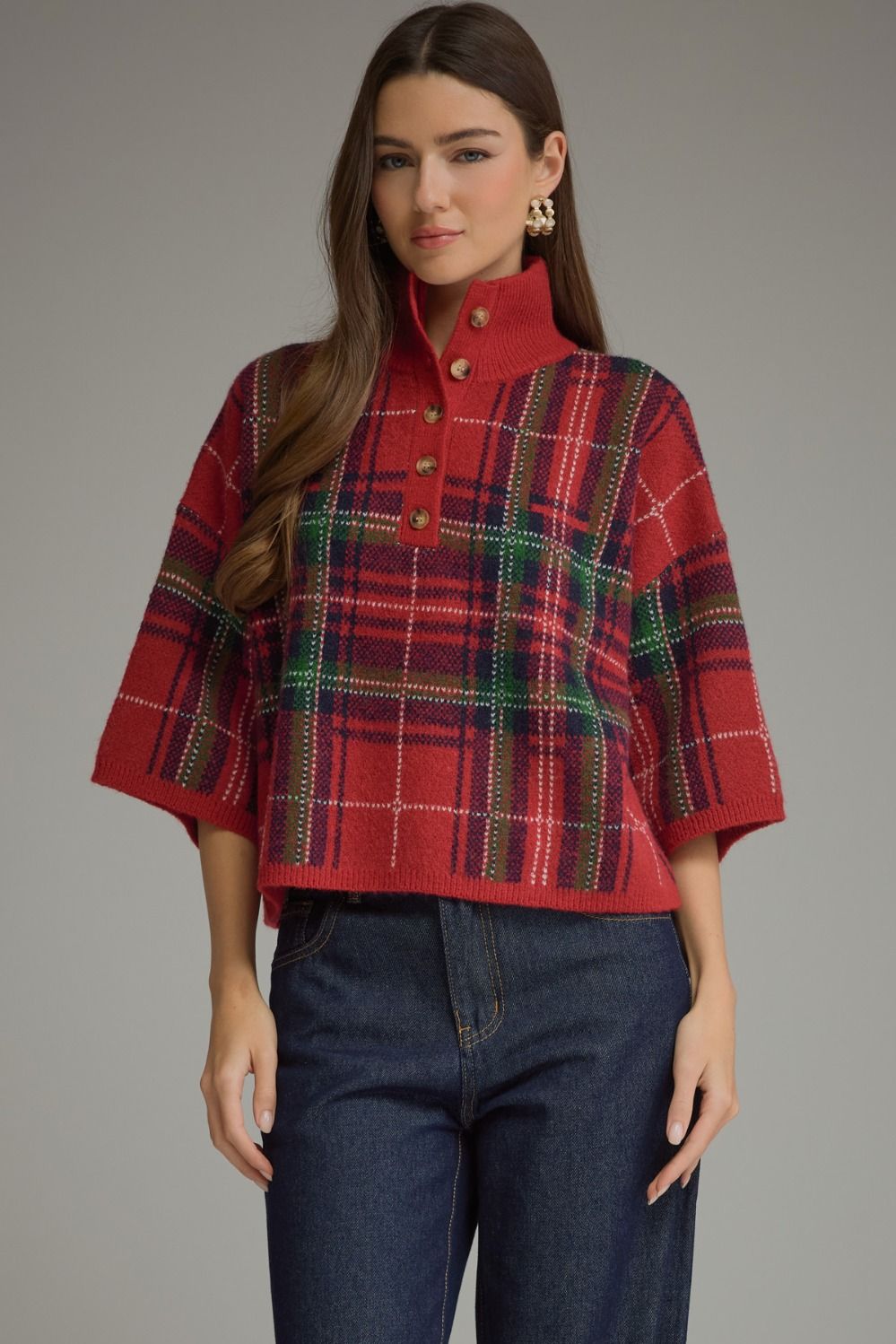 Plaid 3/4 Sleeve Sweater