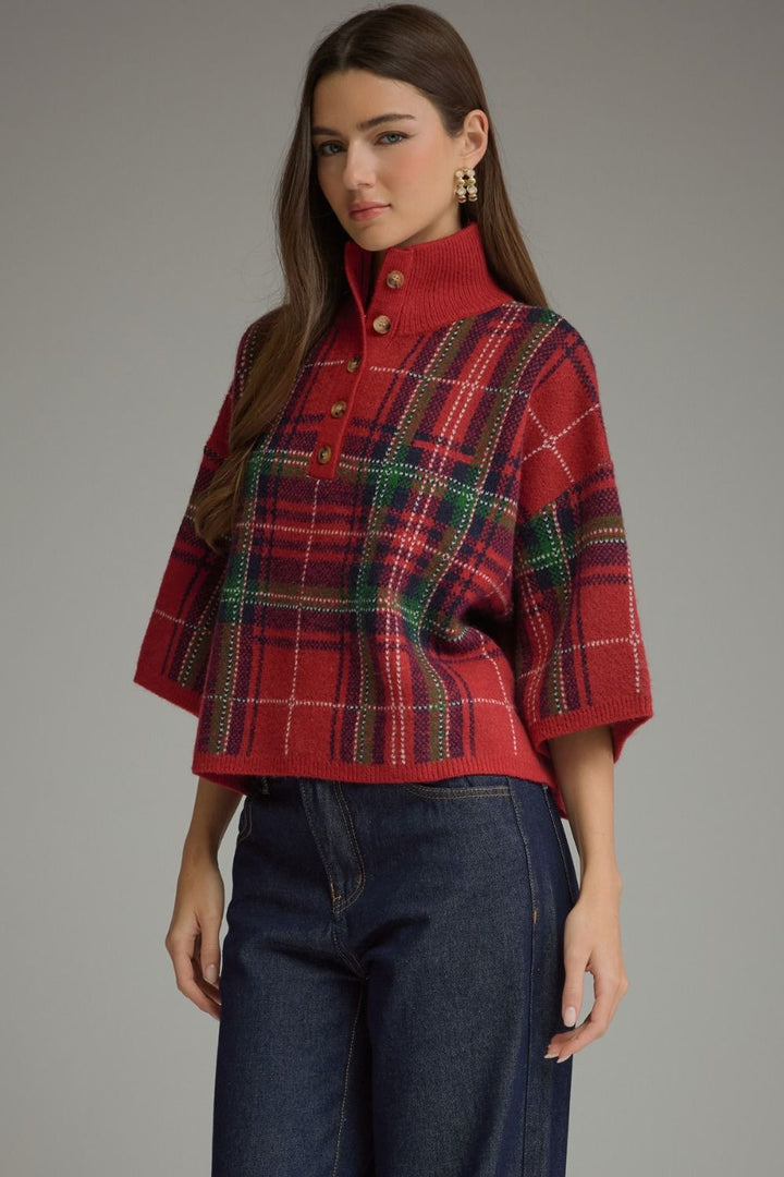 Plaid 3/4 Sleeve Sweater