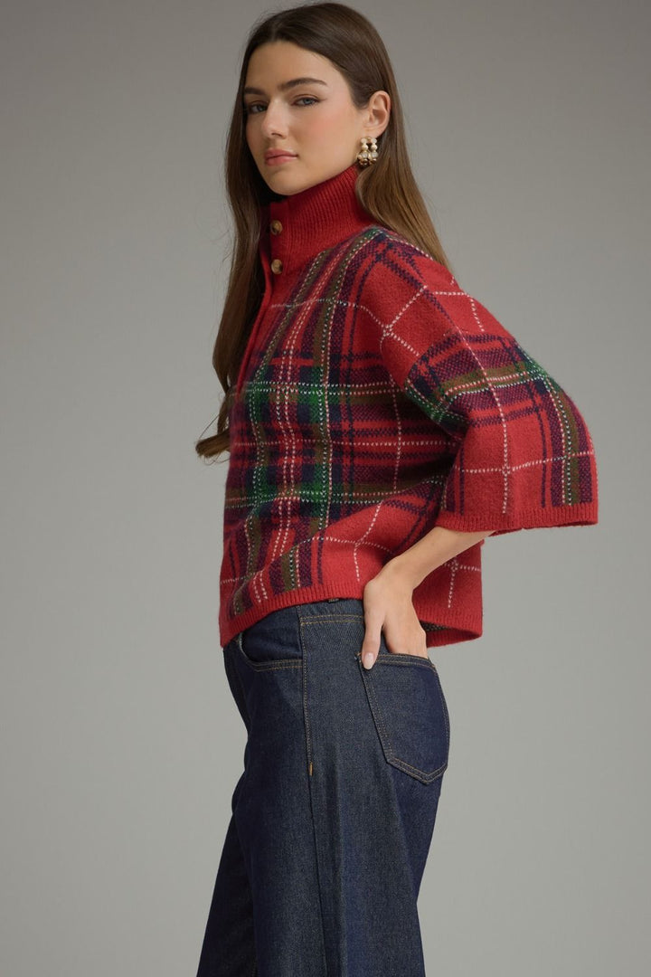 Plaid 3/4 Sleeve Sweater