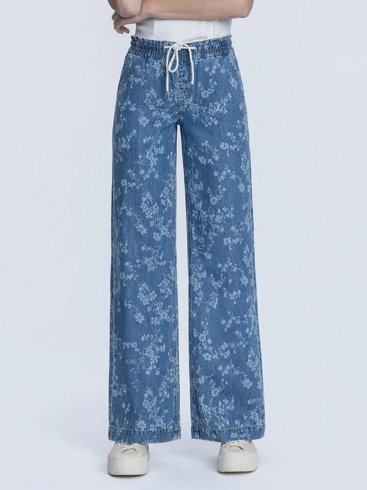 High Rise Floral Print Baggy Wide Leg Jeans