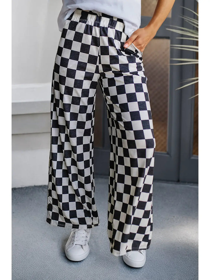 Checked Print High Waist Wide Leg Pants