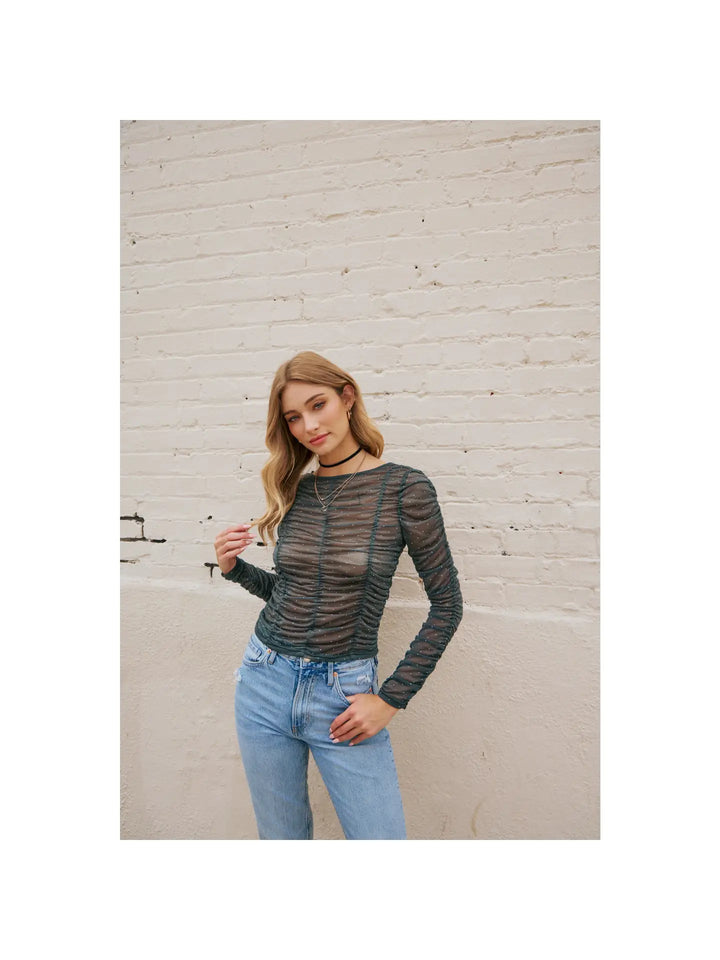 Rhinestoned Sheer Mesh Top with Ruching Details