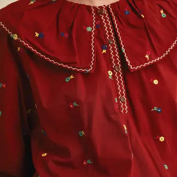 Embroidered Floral Oversized Collar Button Down Top