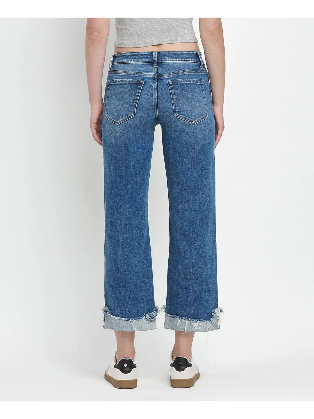 Mid Rise Raw Cuffed Hem Slim Wide Jeans