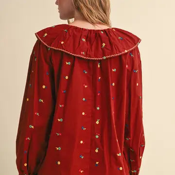 Embroidered Floral Oversized Collar Button Down Top