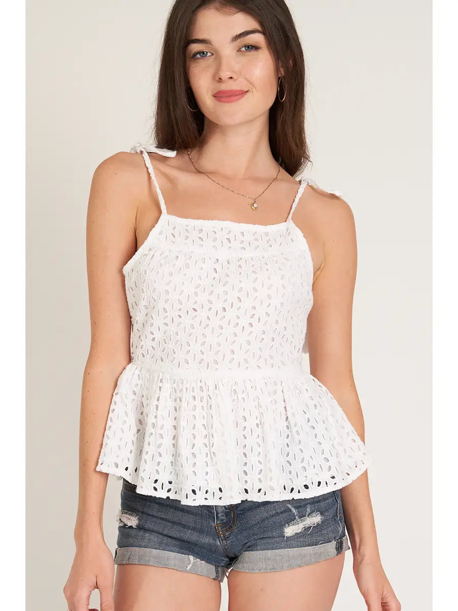 Shoulder Tie Eyelet Peplum Top