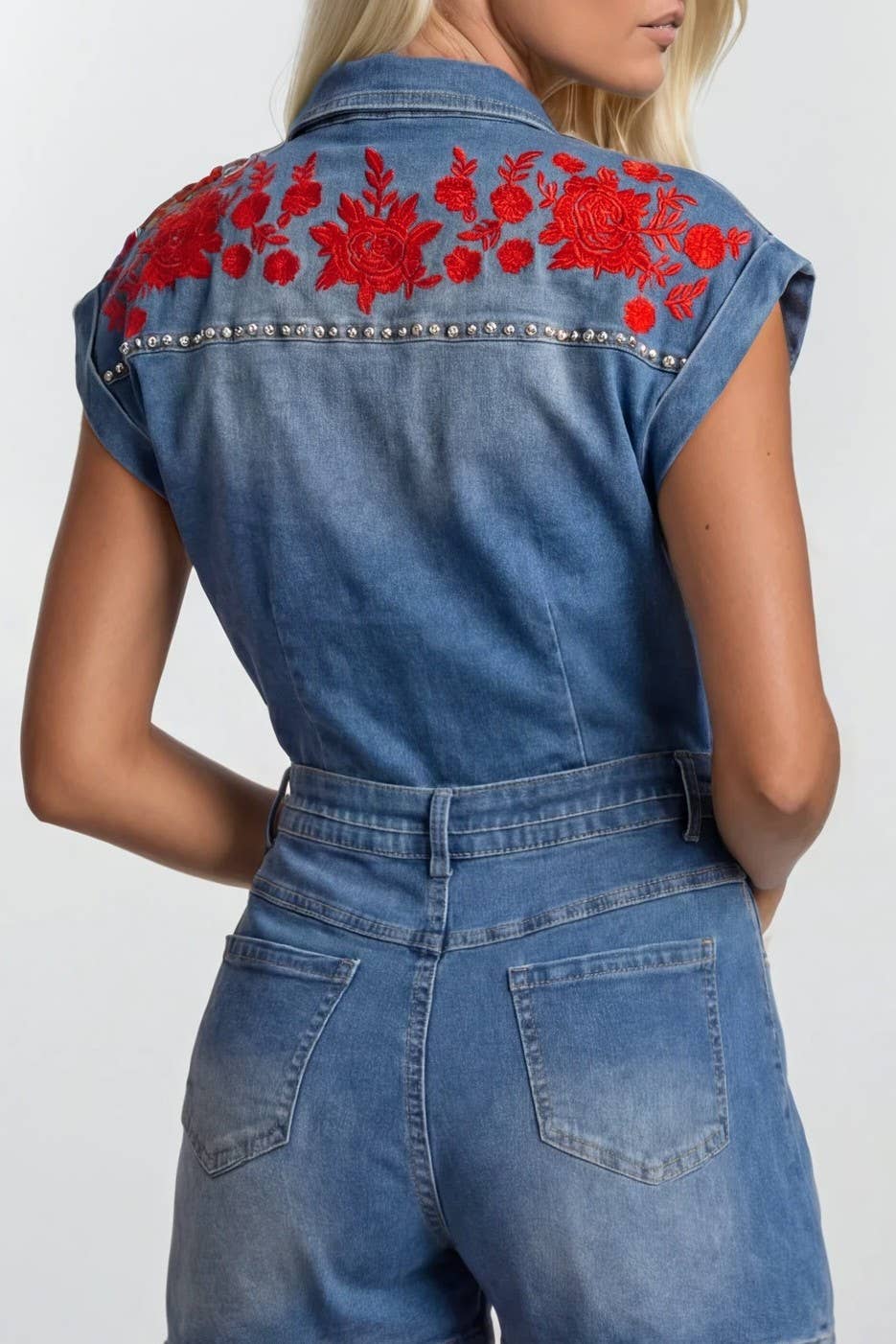 Embroidered Rose Denim Romper