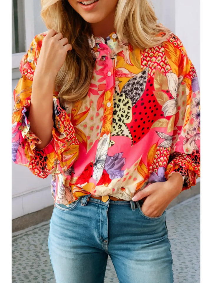 Floral Print Buttoned Ruffled Sleeve Shirt