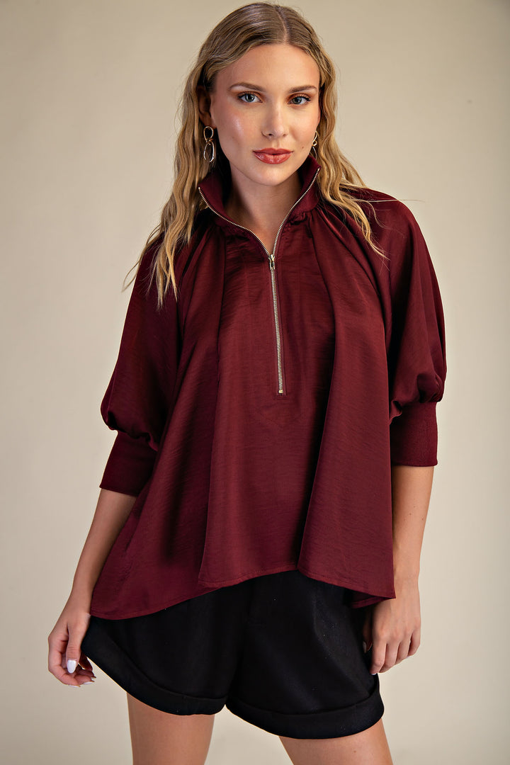 Mock Neck Band Puff Sleeve Blouse