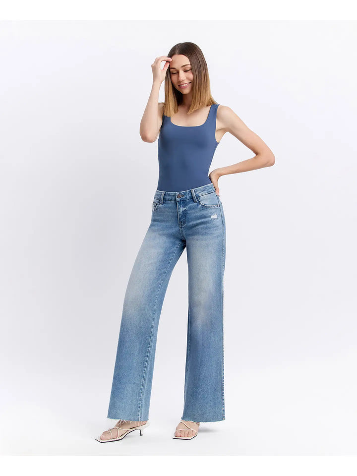Mid Rise Clean Cut Raw Hem Wide Jeans