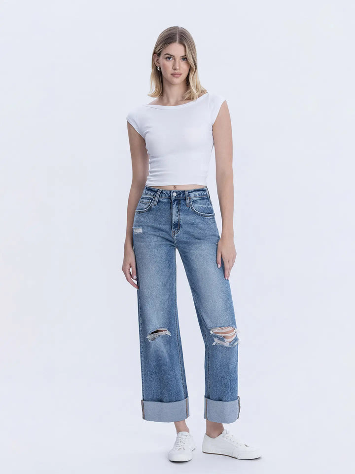 Rosy Cuffed Distress Jeans