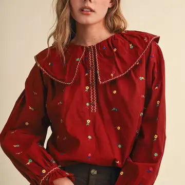 Embroidered Floral Oversized Collar Button Down Top