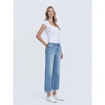 High Rise Distressed Hem Crop Slim Wide Jeans