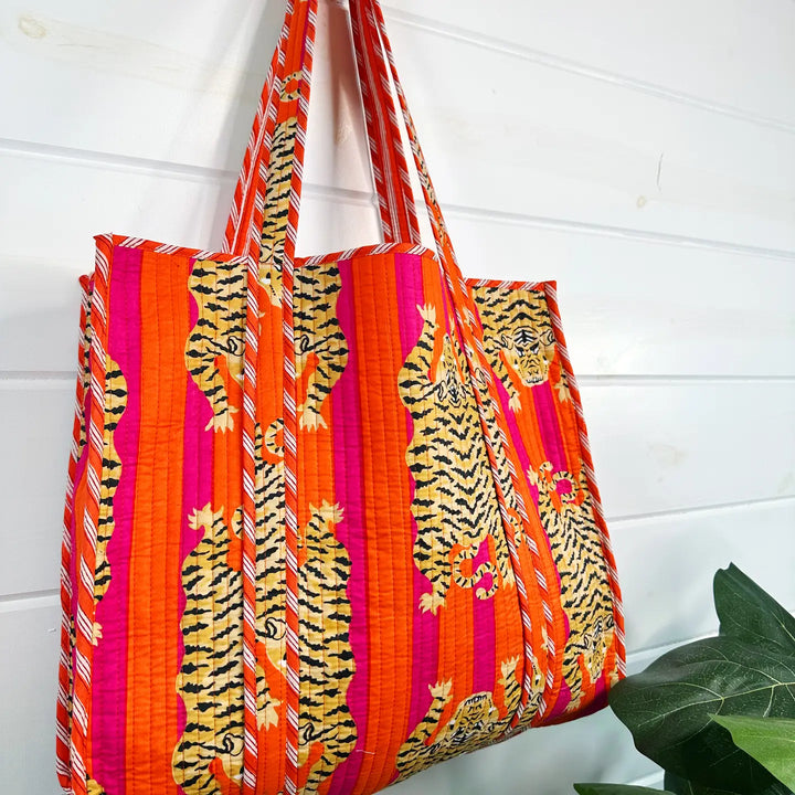 Tiger Print Oversized Quilted Tote Bag with Orange and Pink Stripes