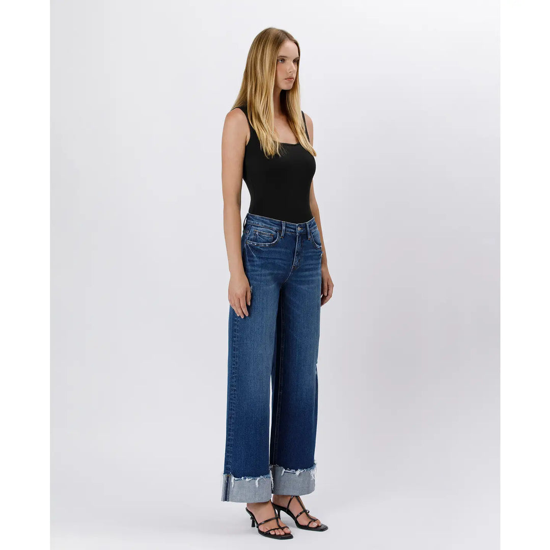 High Rise Cuffed Baggy Wide Jeans