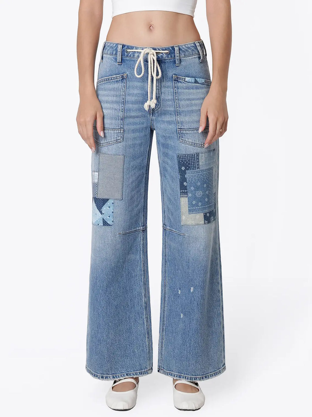 High Rise Patchwork Detail Waist Tie Wide Jeans