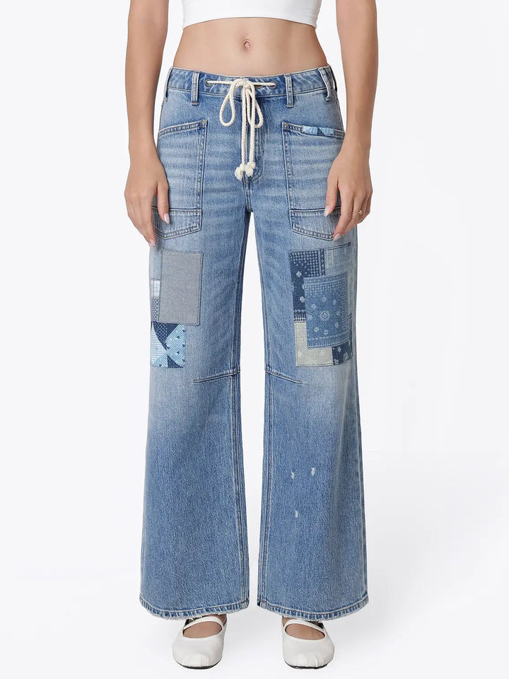 High Rise Patchwork Detail Waist Tie Wide Jeans