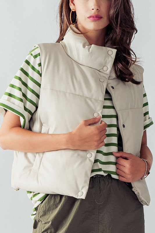 Cream Faux Leather Puffer Vest