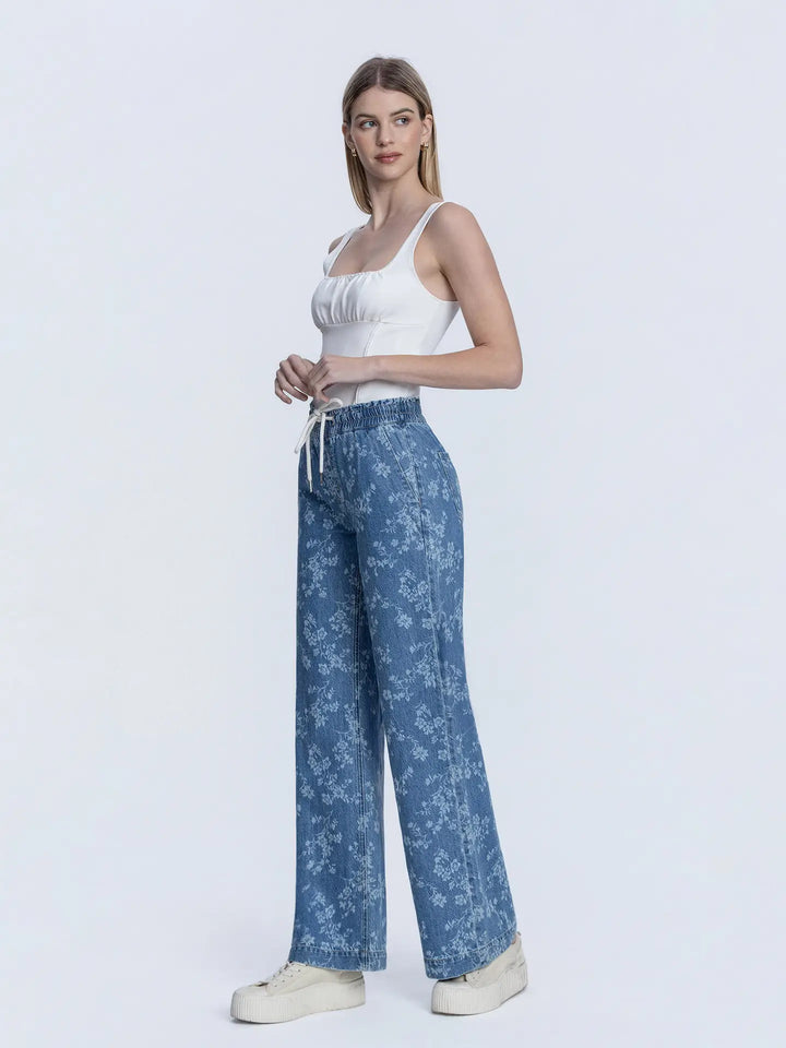 High Rise Floral Print Baggy Wide Leg Jeans