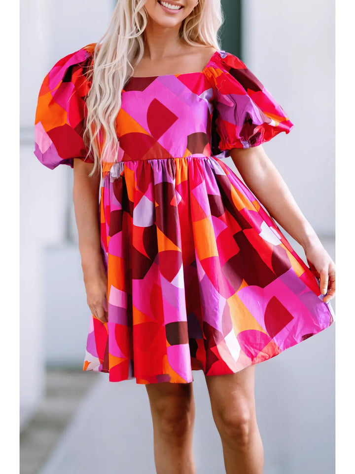 Red Abstract Print Square Neck Puff Sleeve Dress