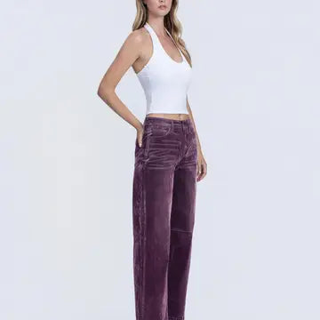 High Rise Velvet Flocked Purple Barrel Leg Jeans