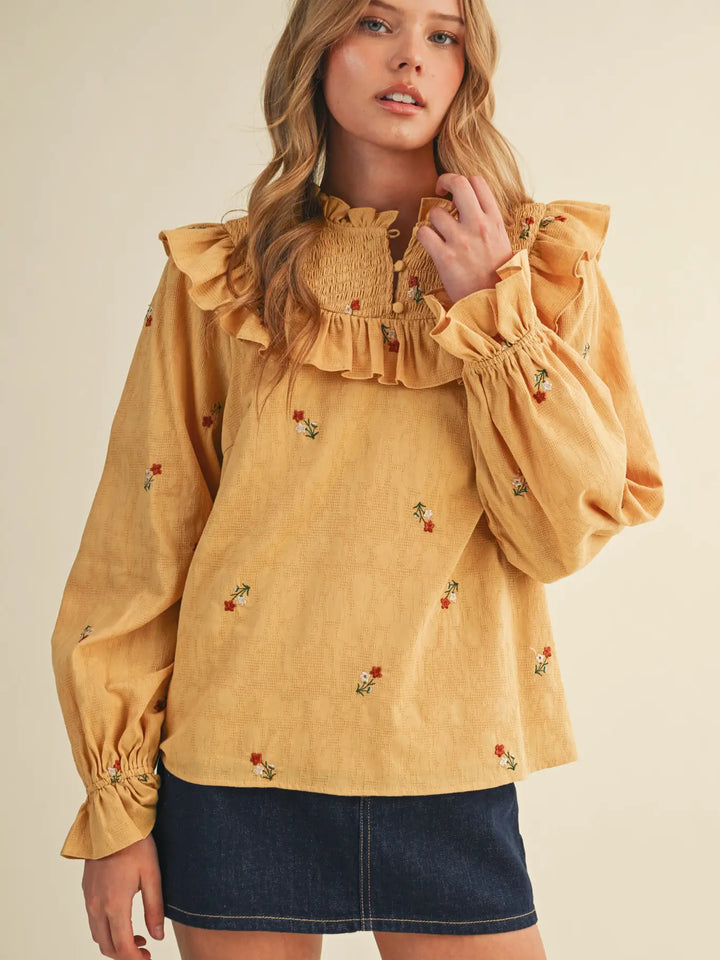 Ruffled Smocked Yoke Embroidered Blouse