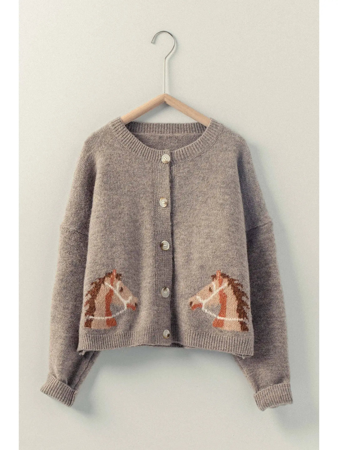 Western Horse Graphic Ribbed Trim Crew Neck Cardigan