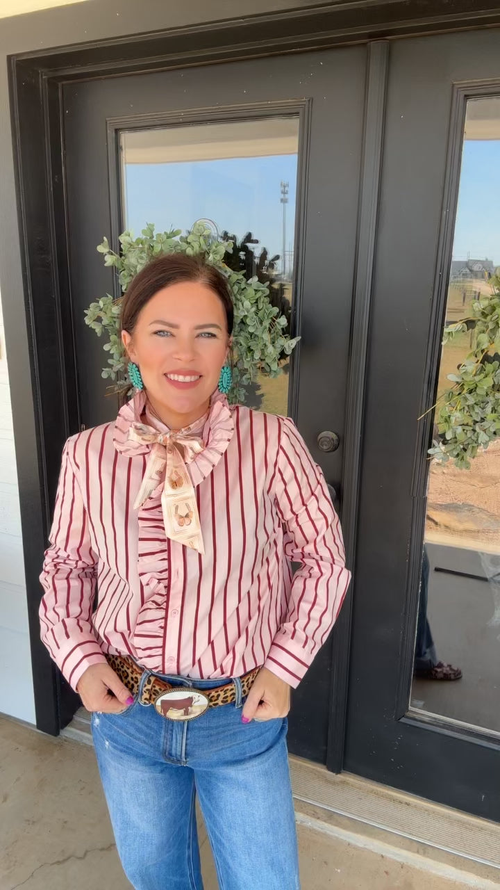 Ruffled Stripe Button-Up Shirt