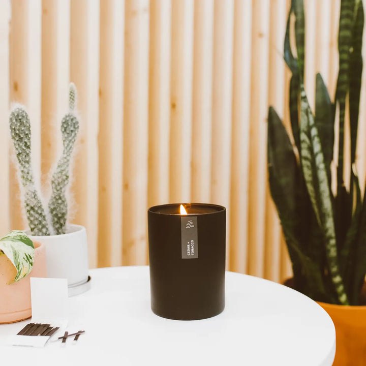 Cedar + Tobacco Matte Black Glass Tumbler Candle